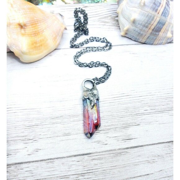 Red aura quartz crystal necklace handmade gothic fantasy metalwork jewelry - Picture 7 of 11